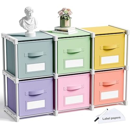Geelin 6 Cube Toy Storage Organizer with Fabric Bins and Labels, 11 Inch Collapsible Colorful Cubby Storage Drawers Pastel Dresser with Shelf for Playroom Nursery Closet Bedroom Dorm