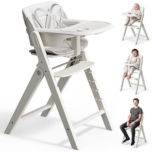 Mamazing GrowPod Pro Wooden Baby High Chair for 6 Months to 220lbs, Easy to Clean with Tray, Compact Foldable Highchair for Kitchen & Dining Room, with 5-Point Safety Harnesses and Guard Bar