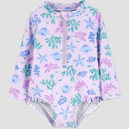 Carter's Just One You® Baby Girls' Sea Life Long Sleeve Rash Guard One Piece Swimsuit - Purple 6M