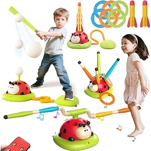 4 in 1 Musical Jump, Toss Ring Game, Baseball Toys and Stomping Launch Rocket Launcher for Kids Toys & Games with Remote, Indoor Outdoor Toys for Kids Ages 4-8 3-5 Baseball Party Favors Game Gift