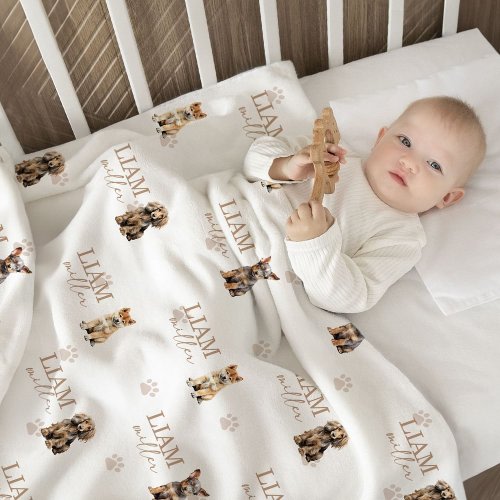 Personalized Cute Dog Portrait Paw Print Soft Blanket with Name Nursery Room Decor Baby Shower Birthday Gift for Boys Girls - CALLIE