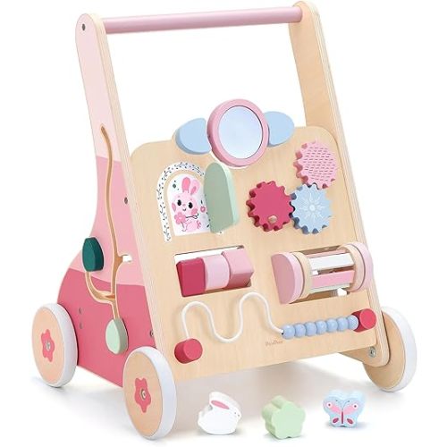 PairPear Wooden Baby Walker Push and Pull Learning Activity Walker, 8-in-1 Montessori Busy Board Push Walker Wooden Activity Center Toys for Boys and Girls 12m+ （Pink Rabbit）