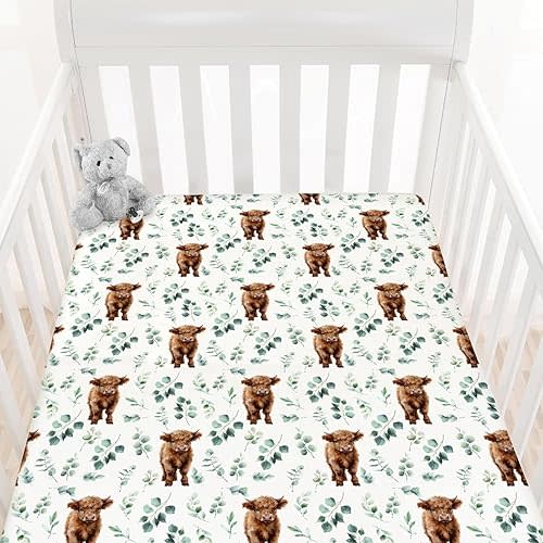 HawSkgFub Highland Cow Eucalyptus Leaf Fitted Standard Crib Sheet for Baby Boy Girl, Neutral Western Farm Animal Yak Toddler Mattress Cover, Soft Stretchy Nursery Bed Sheets Decor Kids Gift 52" x 28"