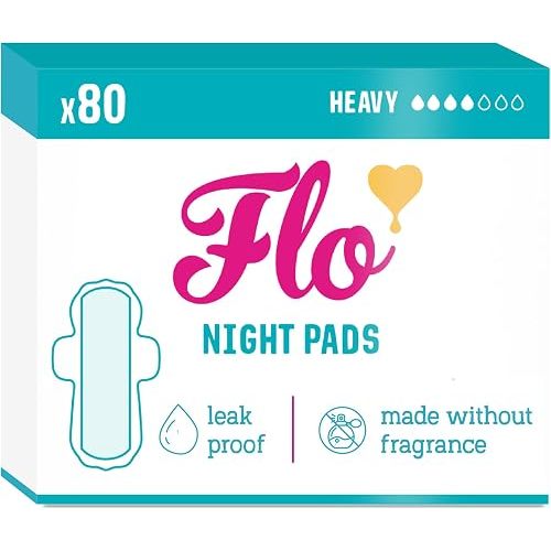 Flo - Night Menstrual Pads (80 Pack) - Organic Bamboo Period Pads for Women - Heavy Flow - Leak Locking - Winged, Ultra-Thin - Absorbent, Soft & Breathable - Plant Based – Vegan, Cruelty Free