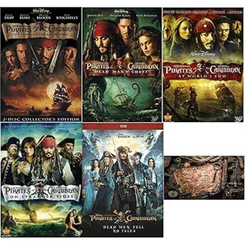 Pirates of The Caribbean 5 DVD Collection One 1 Two 2 Three 3 Four 4 Five 5 Johnny Depp Includes Treasure Map Glossy Print Scalloped Edge Art Card