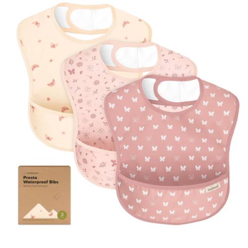 3-Pack Waterproof Baby Bibs for Eating - Lightweight Toddler Feeding Bibs with Large Food Catcher, Mess Proof, Food-Grade Baby Eating Essentials, Easy to Put On & Clean (Butterflies)