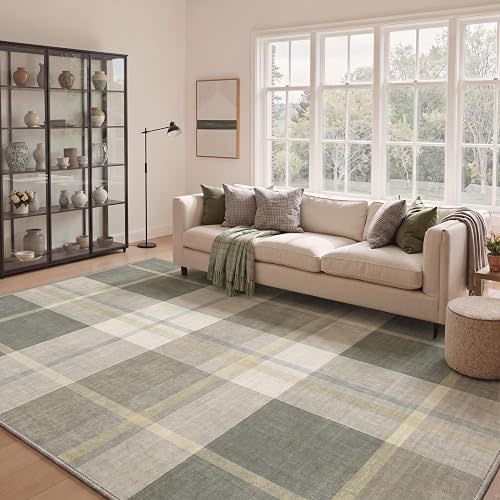GENIMO 6x9 Washable Plaid Area Rug, for Living Room Bedroom, Dusty Green