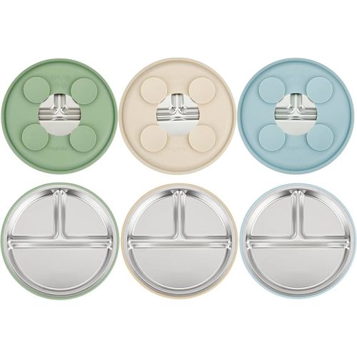 PandaEar 3 Pack Stainless Steel Baby Suction Plates, Divided Toddler Plate for Baby Led Weaning Supplies, Non-Slip Toddler Baby Feeding Set Dishwasher Safe (Blue/Green/Brown)