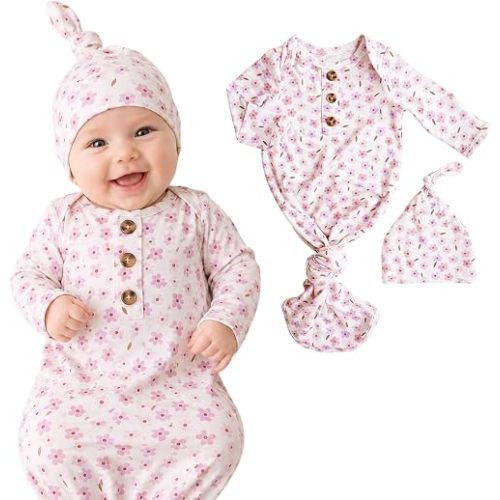 Caden Lane Newborn Knotted Gown with Hat, Soft Bamboo Viscose Baby Sack, Unisex Infant Breathable Night gown