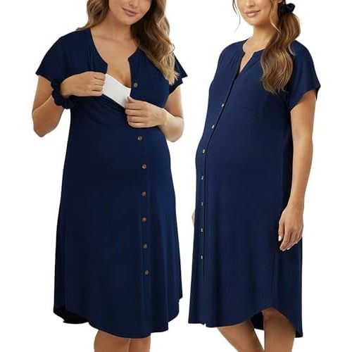 PATPAT Maternity Midi Dress, Button-Down Nursing Dress with Pockets for Baby Shower, Pregnancy & Postpartum