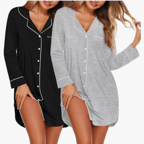 Hospital 2 Pack Nightgowns for Women Long Sleeve Button Down Sleep Shirt