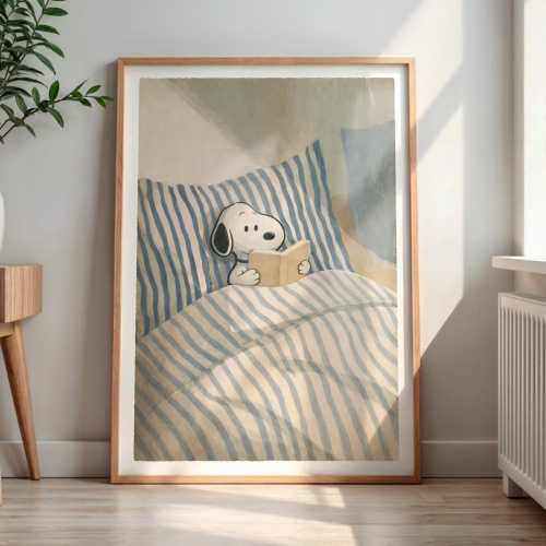 Snoopy Reading in Bed Poster, Cozy Snoopy Wall Art, Bedtime Illustration Print, Calm Nursery & Bedroom Decor