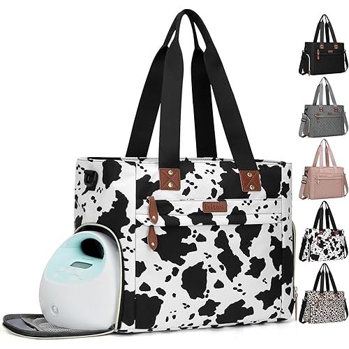 Diaper Bag Tote for Working Mom, Large Travel Diaper Tote for Mom and Dad with 14 Inch Laptop Sleeve, Mommy Maternity Travel Baby Bag for Boys and Girls, Cowprint