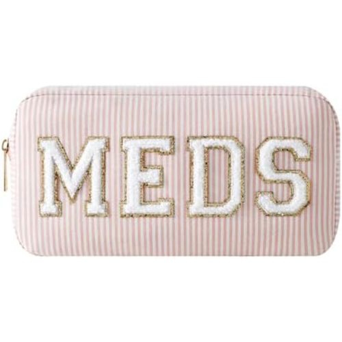 uekeboag Seersucker Chenille Letter Stuff Meds RX Makeup Bag, Travel Washable Purse Organizer with Zipper, Lightweight Toiletry Cute Personalized Preppy Cosmetic Bag For Women and Girls(04Pink Meds)