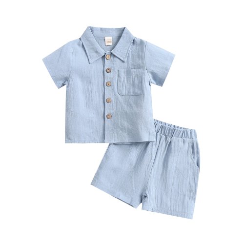wybzd Baby Boys Cotton Linen Clothes Set Solid Color Lapel Short Sleeve Single-Breasted Tops Shorts Set Blue 18-24 Months