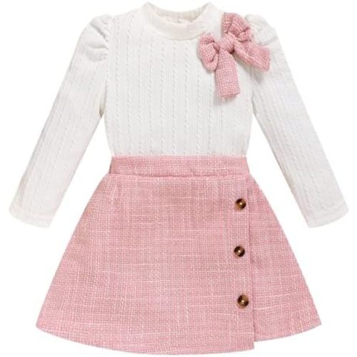 Toddler Girl Plaid Outfits Fall Winter Dress Knit Ribbed Bow Sweatshirt Tops and Button Fashion Skirts Set