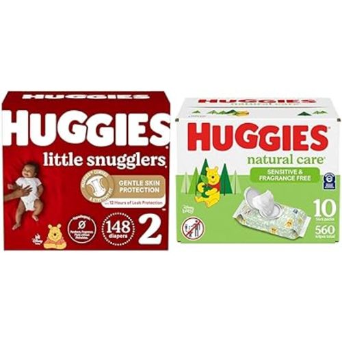 Huggies Little Snugglers Baby Diapers, Size 2, Mega Colossal, 148 Ct & Natural Care Sensitive and Fragrance-Free Baby Wipes, 56 count (Pack of 10) - Packaging May Vary