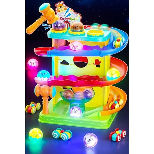 Funwee 2-in-1 Rolling Ball & Racing Car Ramp Toy for Toddlers, Race Track Hammer Lights Ball Drop, Interactive Montessori Learning Game Birthday Gift Idea for Kids 2 3 4 5+Year Old Girl Boy(Yellow)