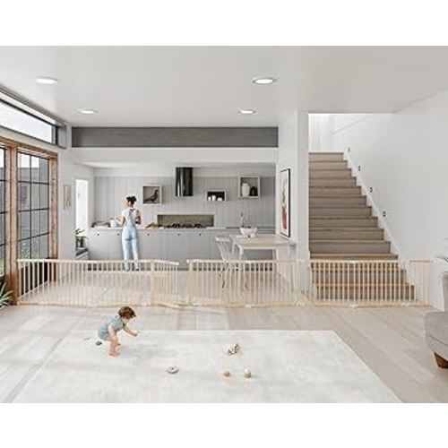 Comfy Cubs Baby Gate Playpen - 57 x 57 x 25 in, Extends Up to 228” - Pine Wood Foldable Playpen with Child-Proof Lock - Easy Assembly Baby Fence Play Area for Babies & Toddlers - Natural Wood