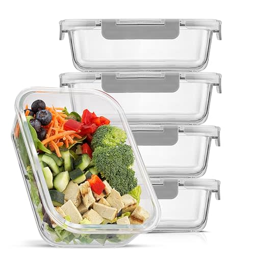 JoyJolt Glass Food Storage Containers with Lids. 5 Pack Glass Meal Prep Containers Reusable 35oz Single Compartment Airtight Container Set. Lunch Containers for Adults and Kitchen Storage Containers