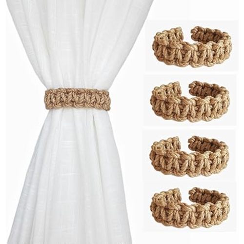 Braided Outdoor Curtain Tiebacks for Drapes, Rustic Curtain holdbacks 4 Pack, Handmade Decorative Curtain Ties for Sheer/Light Weight Drapes of Home Office Bedroom Window