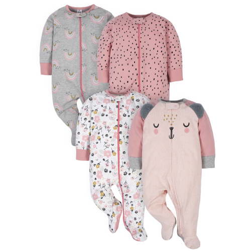 Gerber Baby Girl Sleep 'n Play Footed Pajamas, 4-Pack