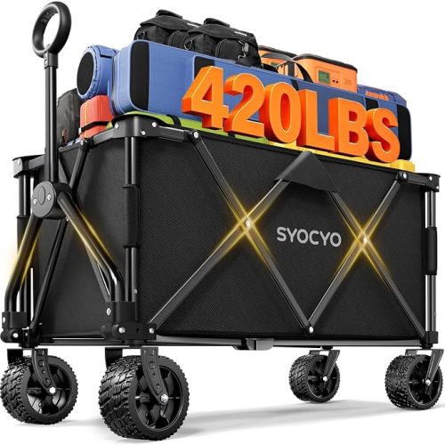 Heavy Duty Wagon Cart Foldable, Collapsible Wagon with Big Wheels for Sand & Cup Holders for Camping Garden Sports Grocery
