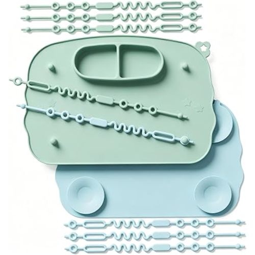 2-Pack Silicone Baby Mats with 8 Stretchable Straps & Suction Cups