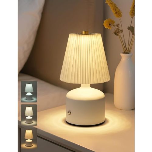 Small Table Lamp for Bedroom, Bedside Lamp with 3 Color Stepless Dimming, Rechargeable Lamp with Pleated Shade Metal Base, Cozy Light for Living Room, Nightstand, Bookshelf, Small Spaces（White）