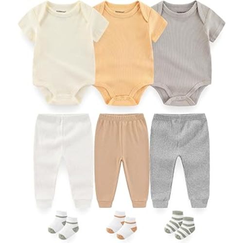 BIGBIGKISS Baby Layette Gift Set 9-Piece Baby Bodysuits and Pant Socks Set Infant Boy Girl Clothes Outfits
