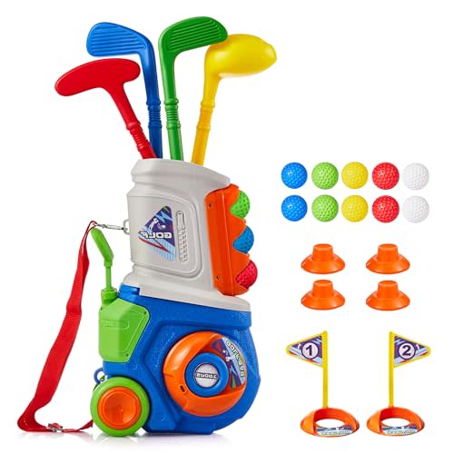PJG Toddler Golf Set, Plastic Kids Golf Clubs Ages 1 2 3 4 5 Years Old with 4 Golf Clubs and 10 Balls, Indoor and Outdoor Toddler Golf Toys with Cart for Boys and Girls Birthday (Blue)