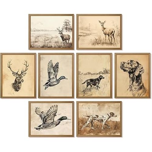 Vintage Nursery Wall Art Decor Baby Boy Room Prints Hunting Animal Canvas Wall Decor Woodland Nursery Pictures Rustic Animal Sketch Poster Vintage Cabin Artwork for Bedroom 8x10x8 Inch Wood Framed