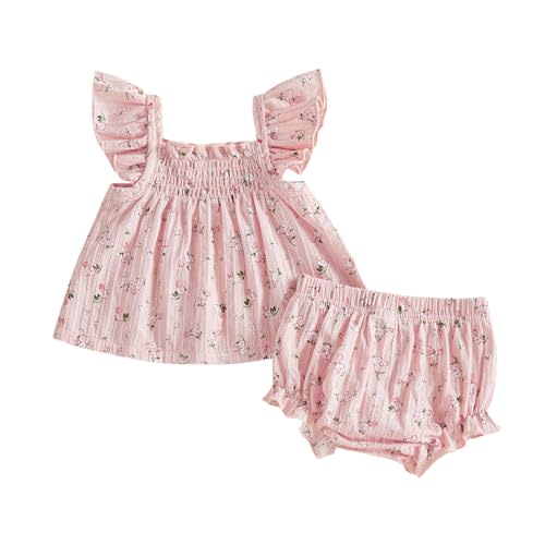 Muasaaluxi Infant Baby Girl Clothes Summer Smocked Fly Sleeve Top Dress Ruffle Floral Shorts Bottoms 3 6 12 18 24 Months