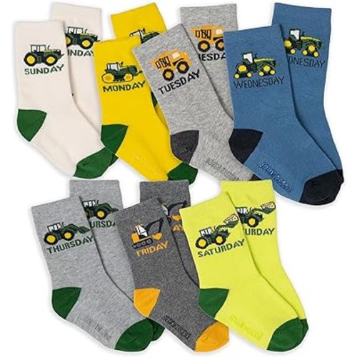 John Deere Boys' Non-Slip Grip 7-Pack Crew Socks for Baby & Kids