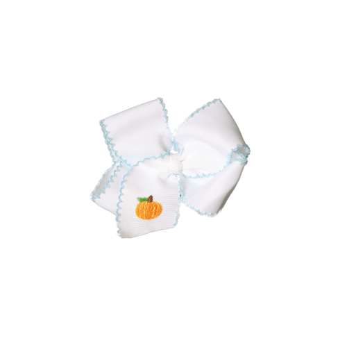 Embroidered Pumpkin Scalloped Edge Grosgrain Bow White/Blue