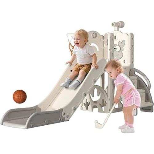 BIERUM Toddler Slide for Kids,6-in-1 Indoor Outdoor Toddler Slides Playground with Basketball Hoop, Golf Game & Telescope, L-Shaped Baby Slide Climber Playset, Cream&Gray