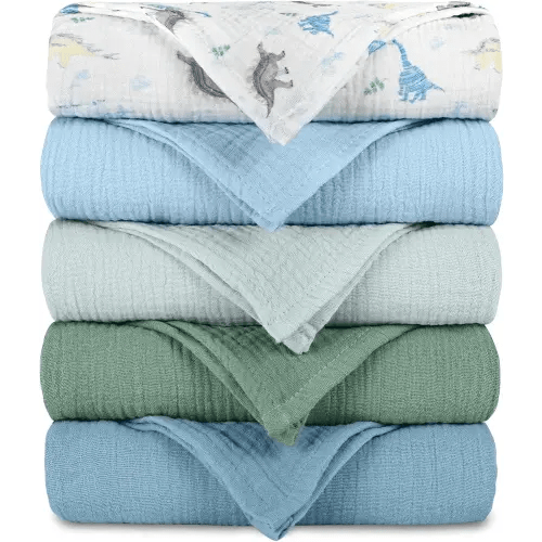 Muslin Receiving Blankets 5 Pack, Soft Swaddle Wraps for Newborn Babies