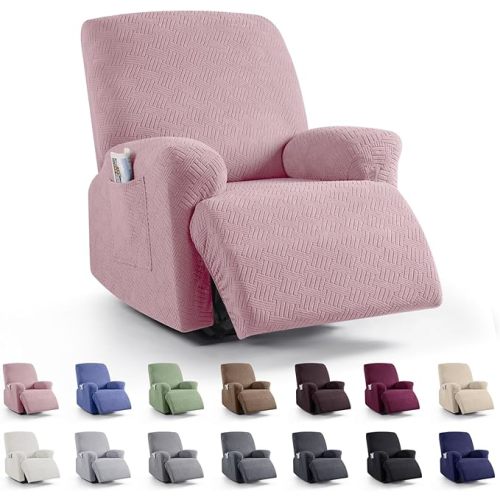 KinCam Recliner Covers, Stretch Reclining Chair Covers, Recliner Sofa Slipcovers Stripe Jacquard Recliner Couch Covers Furniture Protector Covers for Pet Kid (1 Seater, Pink)