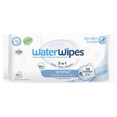 WaterWipes Sensitive+ Newborn & Baby Wipes, 3-In-1 Cleans, Cares, Protects, 99.9% Water, Unscented & Hypoallergenic, 180 Count (3 Packs)