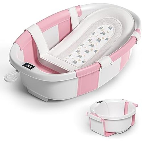 Collapsible Baby Bathtub for Newborn to Toddler 0-36 Months,Spacious Foldable Infant Bath Tub with Thermometer,Cushion & Drain Hole,Portable Travel Tub, Baby Shower Gift Pink