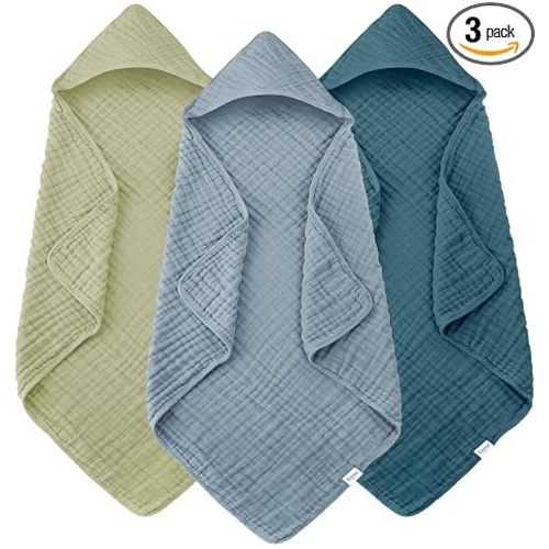 Muslin Hooded Baby Bath Towels - 3 Pack 100% Cotton Ultra-Soft Towels for Newborns, Infants, Toddlers - 32x32 Inch - Highly Absorbent, Quick-Dry Essentials for Bath, Beach, Pool, Green Blue Series