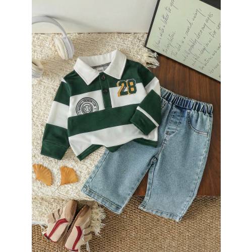 SHEIN Playful Pals 2pcs Baby Boy Casual Green And White Striped Polo Shirt And Denim Jeans Set Autumn Back-To-School Page Boy Outfit With Badge Numeral Print 2 Years
