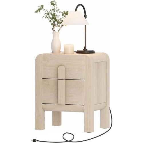 WAMPAT 23.7" Tall Modern Nightstand with Charging Station,Wood Bedside Table w/2 Storage Drawers,Curved Profile Design,Sofa Side Table End Table for Bedroom, Living Room, Beige