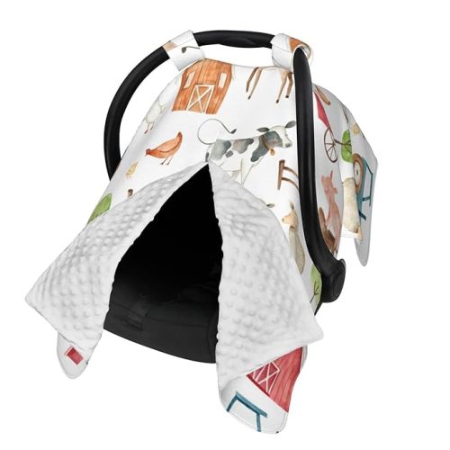 Farm Carseat Covers Baby, Winter Carseat Cover for Baby, Minky Baby Car Seat Cover for Boy & Girl, Peekaboo Opening Car Seat Canopy for Newborn, Multi Use Mom Nursing Cover, Farm Animals