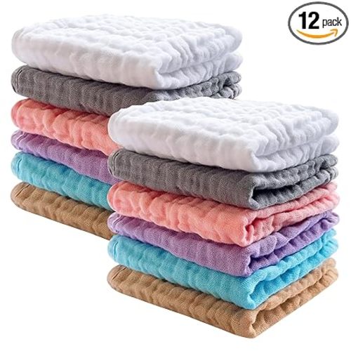 SWEET DOLPHIN 12 Pack Baby Muslin Washcloths - Soft Face Cloths for Newborn, Absorbent Bath Wash Cloths, Wipes, Burp Rag - Toddlers Essentials Stuff, Baby Registry as Shower -10"x10", Multicolor