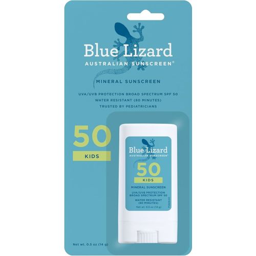 Blue Lizard Kids Mineral SPF 50 Sunscreen Stick, Zinc Oxide, 100% Mineral Actives, Developed for Kids’ Sensitive Skin, TSA-Friendly, Vegan, Paraben-free, Fragrance-Free, 0.5 oz
