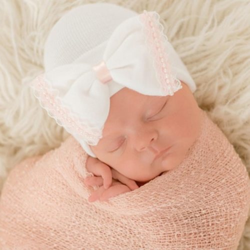 Newborn Bow Hat, White/Pink Lace & Pearls