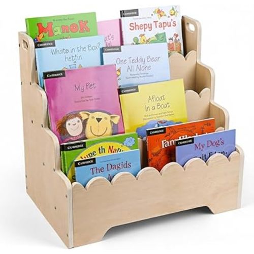 Wooden Tiered Montessori Kids Bookshelf & Portable Baby Book Organizer – Front-Facing 4-Tier Display Shelf with Scalloped Edge – Natural Wood Small Children Book Case for Nursery & Toddler Playroom