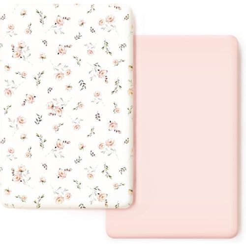 Stretchy Ultra Soft Jersey Knit Fitted Pack n Play Sheets Set 2 Pack, Portable/Mini Crib Sheets for Girls, Universal Fit for Pack N Plays Safe and Snug, Pink Rose Print