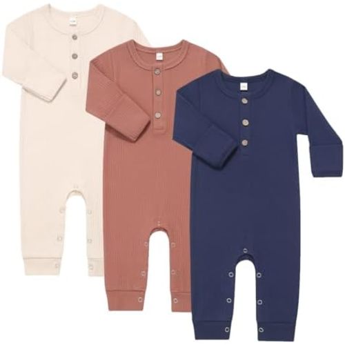 Bafeicao Baby Boy Girl 3 Pack Solid Romper Ribbed Cotton Long Sleeve Jumpsuit Infants Outfits Clothes with Mitten Cuffs